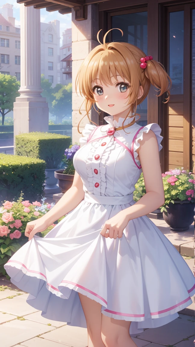 masterpiece, best quality, highres, 1girl, detailed face, blush, anime CG style, medium breasts, (18 year old girl:1.3), (aged up), good lighting, perfect body, sakura kinomoto, glossy lips, city, garden, light smile, idol dress