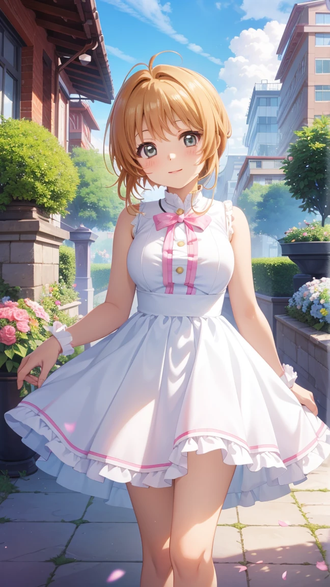 masterpiece, best quality, highres, 1girl, detailed face, blush, anime CG style, medium breasts, (18 year old girl:1.3), (aged up), good lighting, perfect body, sakura kinomoto, glossy lips, city, garden, light smile, idol dress