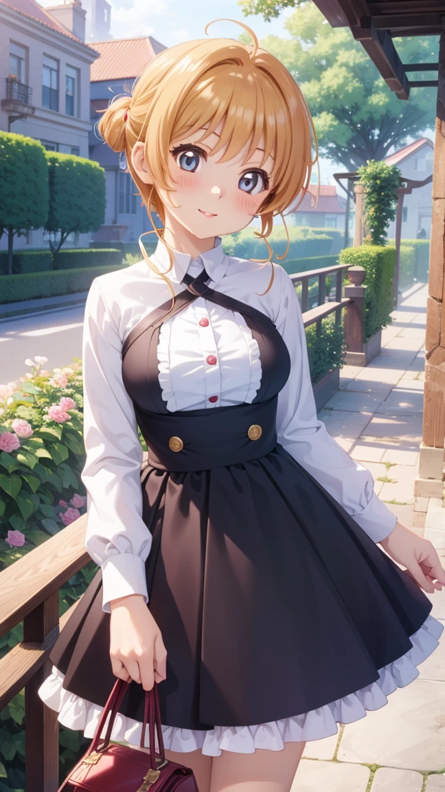 masterpiece, best quality, highres, 1girl, detailed face, blush, anime CG style, medium breasts, (18 year old girl:1.3), (aged up), good lighting, perfect body, sakura kinomoto, glossy lips, city, garden, light smile, idol dress