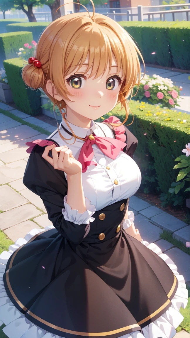 masterpiece, best quality, highres, 1girl, detailed face, blush, anime CG style, medium breasts, (18 year old girl:1.3), (aged up), good lighting, perfect body, sakura kinomoto, glossy lips, city, garden, light smile, idol dress