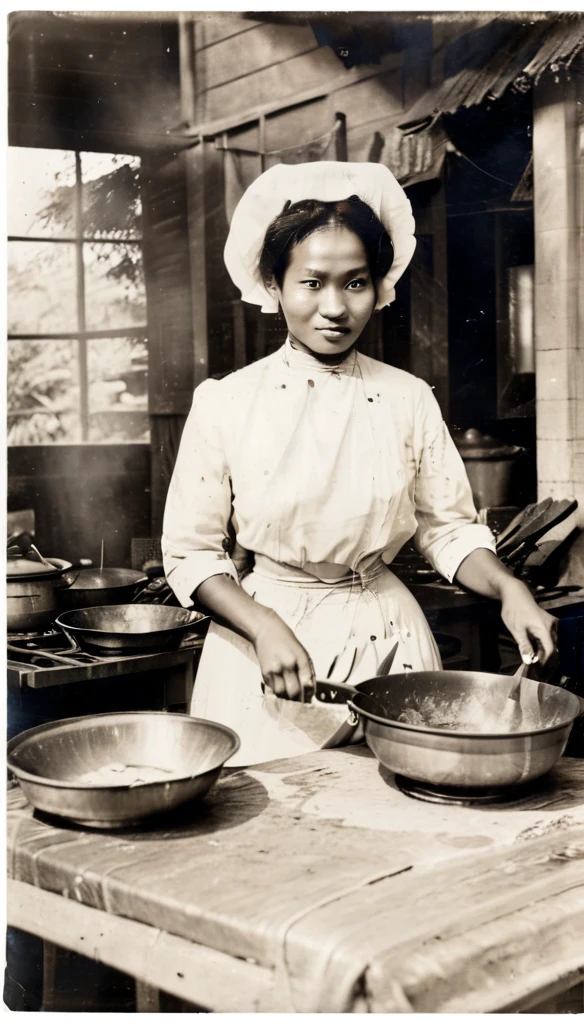 portrait of an Indonesian woman during the Dutch colonial era in 1940 cooking in a public kitchen under the supervision of the colonialists