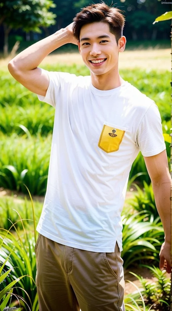 Best Quality, Ultra High Resolution, (Realistic:1.4), Masterpiece, Blurred Background ,Muscle, Solo, 1 Boy, Young , Standing, White Skin, Shirt, Posing, Facial Focus, Smile, Shut Up, (in Golden Rice Paddie)