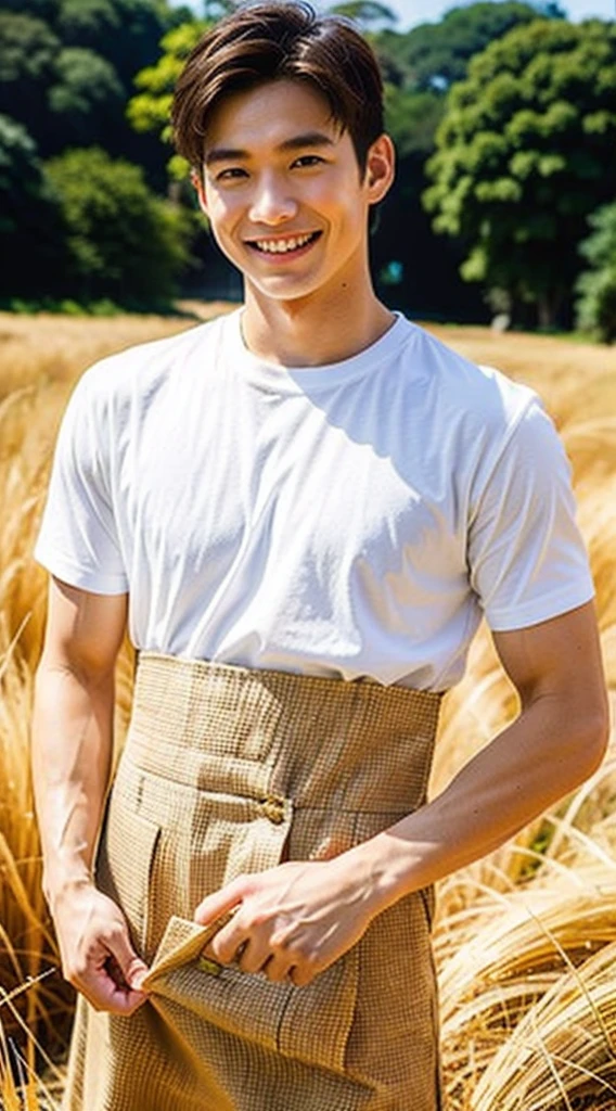 Best Quality, Ultra High Resolution, (Realistic:1.4), Masterpiece, Blurred Background ,Muscle, Solo, 1 Boy, Young , Standing, White Skin, Shirt, Posing, Facial Focus, Smile, Shut Up, (in Golden Rice Paddie)