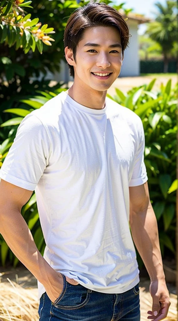 Best Quality, Ultra High Resolution, (Realistic:1.4), Masterpiece, Blurred Background ,Muscle, Solo, 1 Boy, Young , Standing, White Skin, Shirt, Posing, Facial Focus, Smile, Shut Up, (in Golden Rice Paddie)