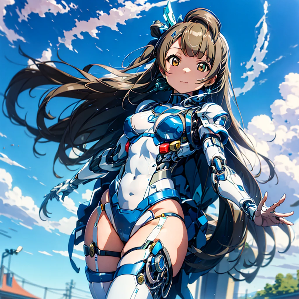masterpiece, high quality, Inside the Institute of Mechanization、On the operating table during remodeling surgery、Minami Kotori, who has been turned into a mechanical body cyborg、Gynoid cyborg body modification surgery、Blue and white leotard armor、A precisely mechanized body、Single image、from the front,Put the whole body
