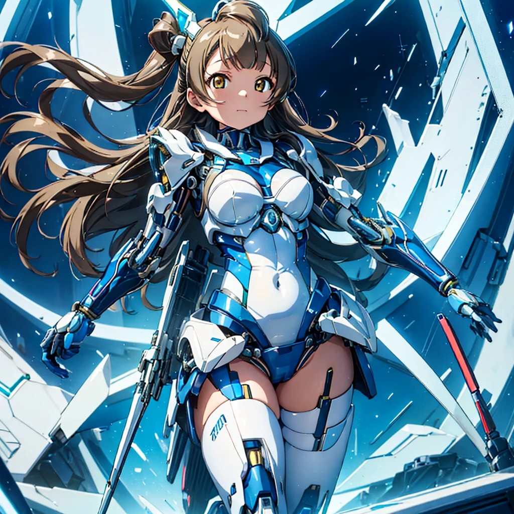 masterpiece, high quality, Inside the Institute of Mechanization、On the operating table during remodeling surgery、Minami Kotori, who has been turned into a mechanical body cyborg、Gynoid cyborg body modification surgery、Blue and white leotard armor、A precisely mechanized body、Single image、from the front,Put the whole body