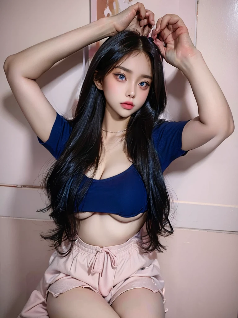 1 girl, black straight long hair, posing sexily, looking at viewer, beautiful blue eyes, wearing a pink lingerie, nice realistic bedroom, pink wall, black choker, natural eyebrows, full_body, thick thighs, from_below