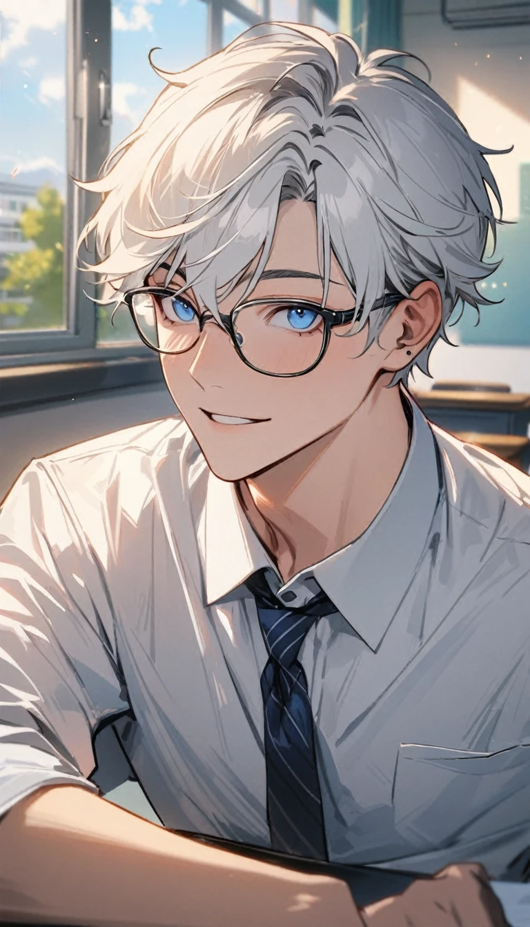 1 male, short hair, white hair, blue eyes, young teenager, glasses, school, formalwearr, Soft boy face, handsome (best quality,4k,highres,masterpiece:1.2)