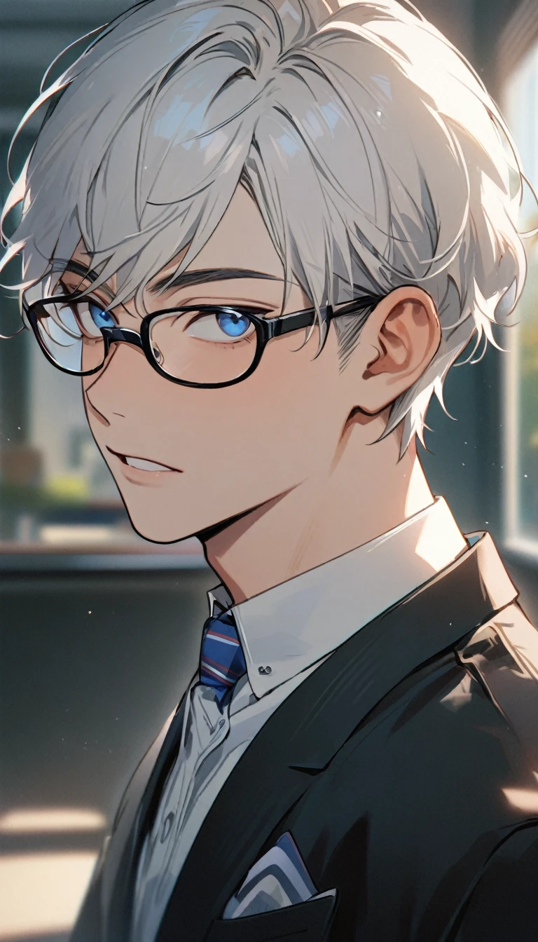 1 male, short hair, white hair, blue eyes, young teenager, glasses, school, formalwearr, Soft boy face, handsome (best quality,4k,highres,masterpiece:1.2)
