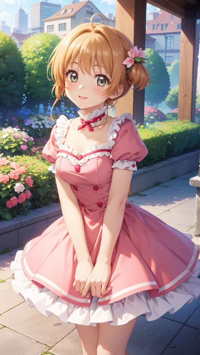 masterpiece, best quality, highres, 1girl, detailed face, blush, anime CG style, medium breasts, (18 year old girl:1.3), (aged up), good lighting, perfect body, sakura kinomoto, glossy lips, city, garden, light smile, idol dress