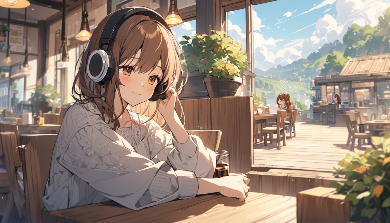 Girl wearing headphones,Brown Hair,1 person,bright,Detailed Background,Dreaming Afternoon - Relaxing in the Afternoon,restaurant