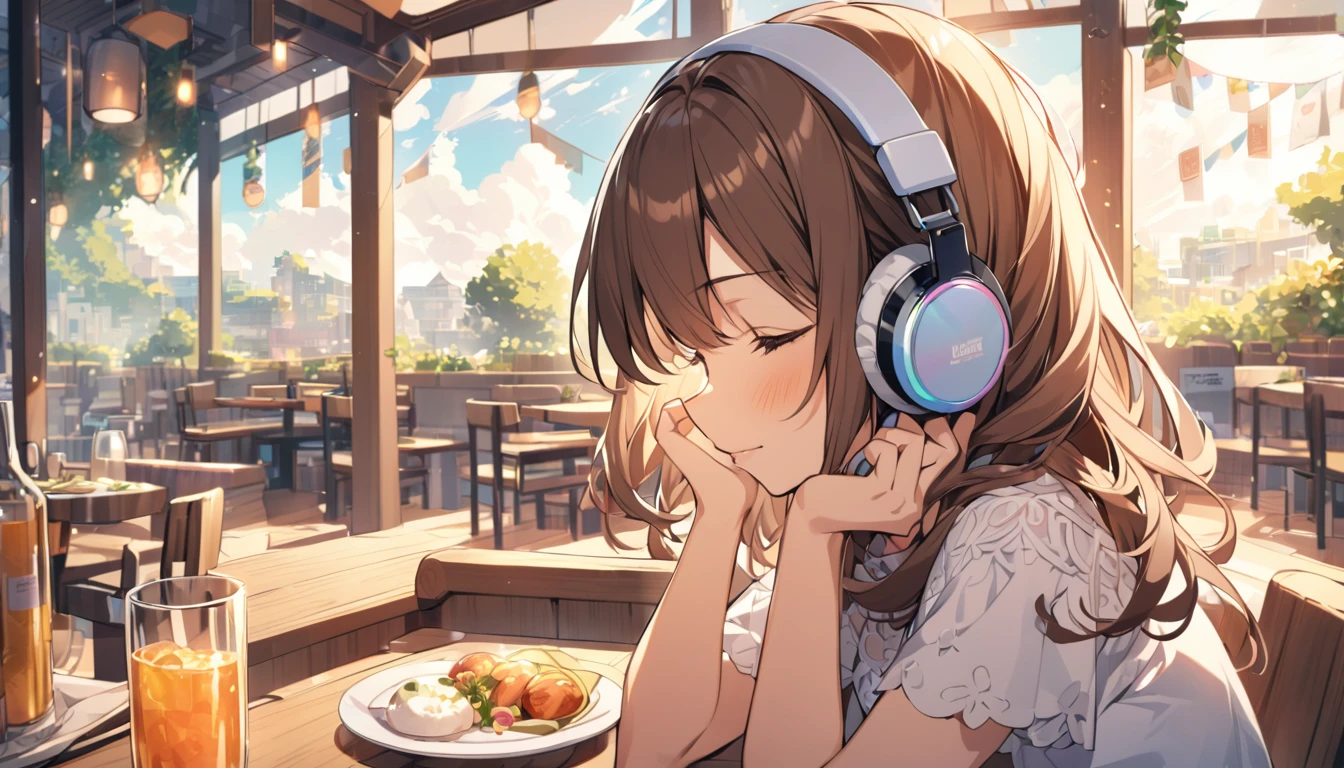 Girl wearing headphones,Brown Hair,1 person,bright,Detailed Background,Dreaming Afternoon - Relaxing in the Afternoon,restaurant