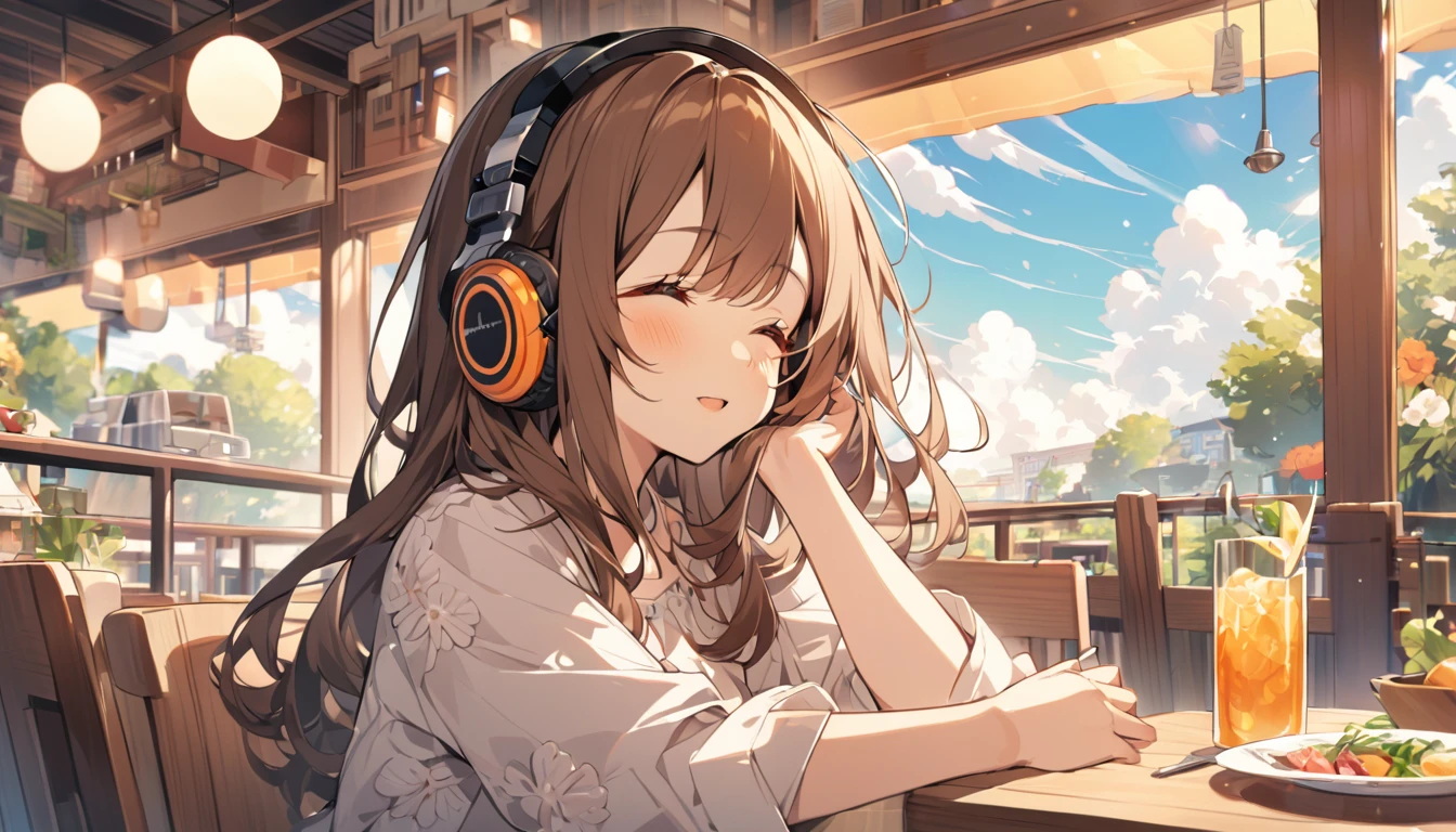 Girl wearing headphones,Brown Hair,1 person,bright,Detailed Background,Dreaming Afternoon - Relaxing in the Afternoon,restaurant