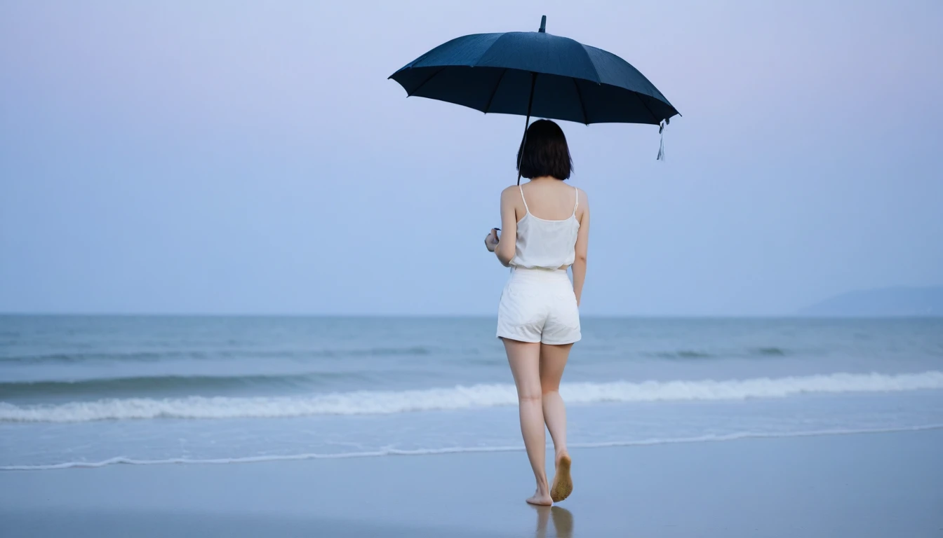 8k, Vivid picture quality, Vivid picture quality, long deserted beach, walking slowly from afar, short medium hair, beautiful appearance, Model-like body, sunset의 붉은 빛, sunset, alone, afternoon, depressed, tide가 밀려온다, rain, medium size black umbrella, ocean, tide, wind, rain가 내리는, Short and slim Korean woman, tower, White shorts, rain가 내리는, walking on the beach with a black umbrella