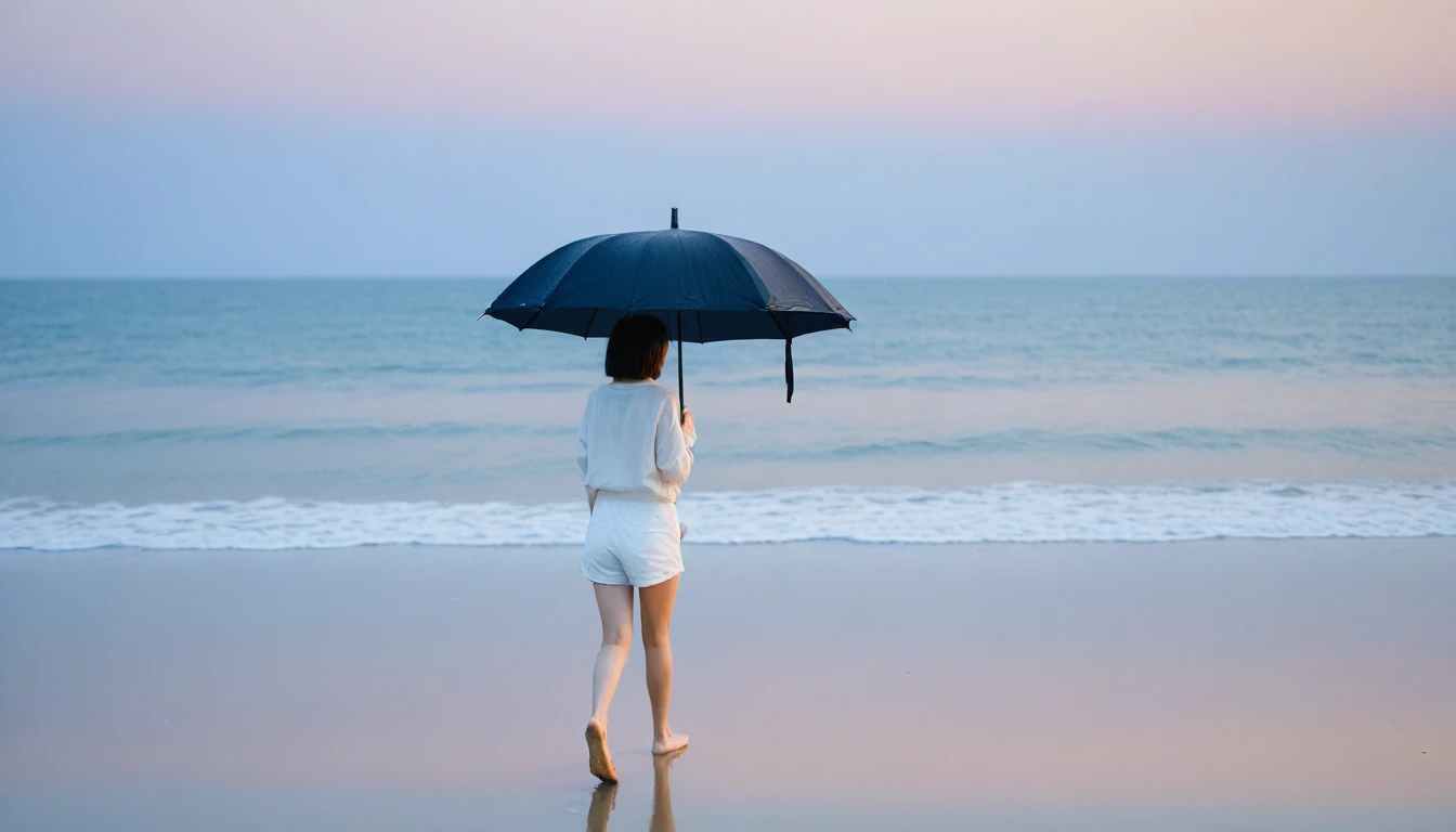 8k, Vivid picture quality, Vivid picture quality, long deserted beach, walking slowly from afar, short medium hair, beautiful appearance, Model-like body, sunset의 붉은 빛, sunset, alone, afternoon, depressed, tide가 밀려온다, rain, medium size black umbrella, ocean, tide, wind, rain가 내리는, Short and slim Korean woman, tower, White shorts, rain가 내리는, walking on the beach with a black umbrella