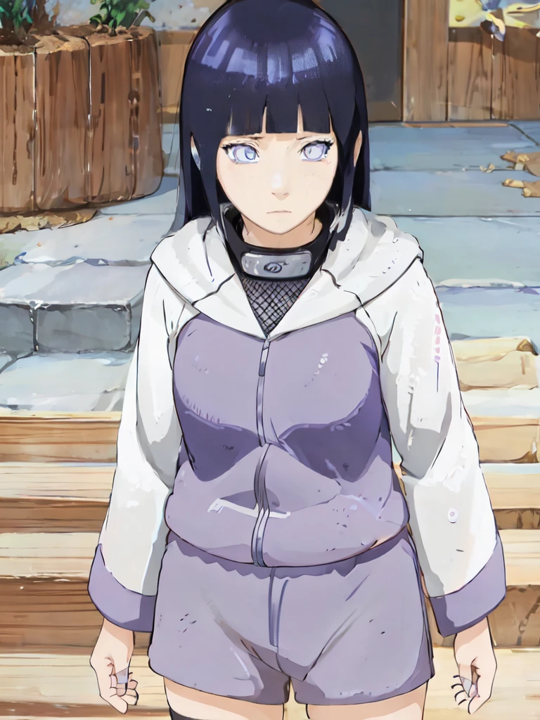 Hinata hiuga from the anime Naruto Shippuden posing for photos, she is standing forward, dressed in a short white t-shirt closed, short sleep shorts, she has a thin waist, dry stomach, legs, beautiful legs and big breasts, her hair is violet, violet hair with straight bangs, Byakugan eyes, Blurred background, 8k, wallpaper, masterpiece, best quality, textures, cold colors, dark, anime style.