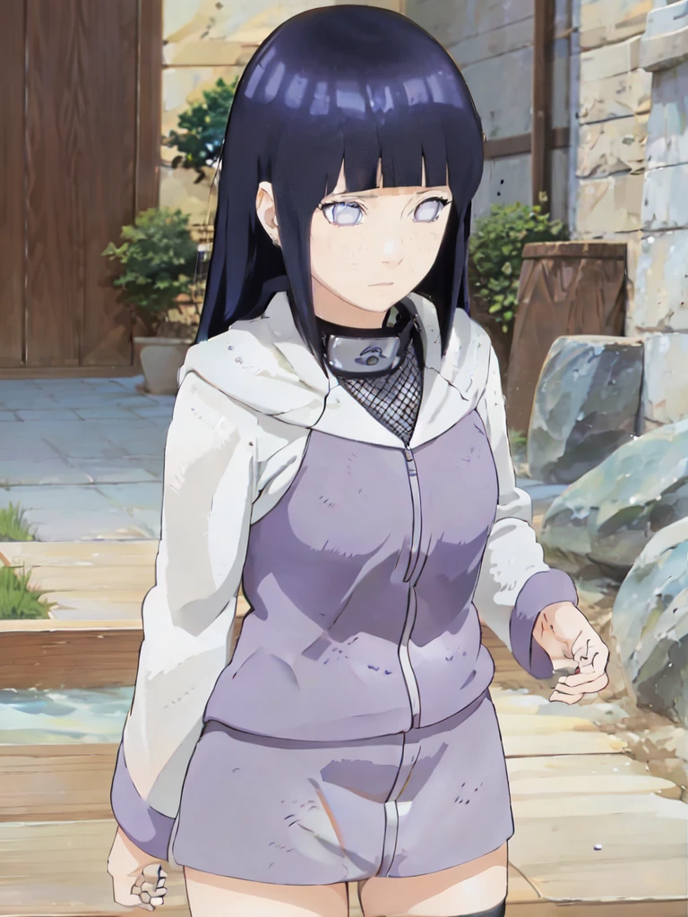 Hinata hiuga from the anime Naruto Shippuden posing for photos, she is standing forward, dressed in a short white t-shirt closed, short sleep shorts, she has a thin waist, dry stomach, legs, beautiful legs and big breasts, her hair is violet, violet hair with straight bangs, Byakugan eyes, Blurred background, 8k, wallpaper, masterpiece, best quality, textures, cold colors, dark, anime style.