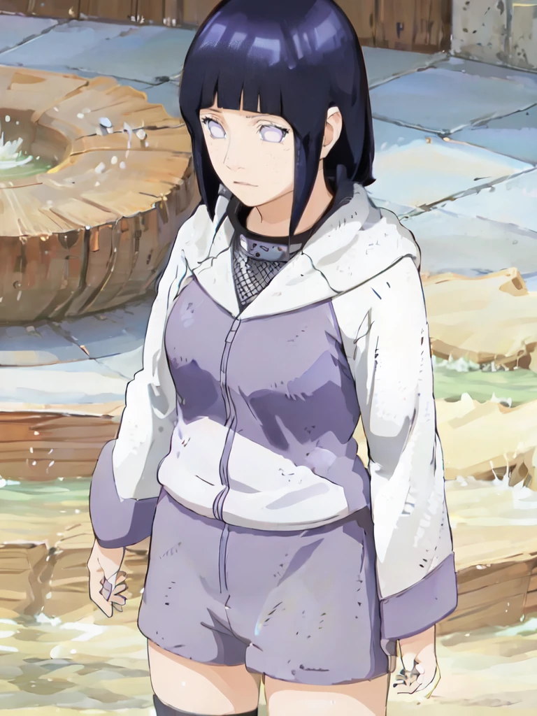 Hinata hiuga from the anime Naruto Shippuden posing for photos, she is standing forward, dressed in a short white t-shirt closed, short sleep shorts, she has a thin waist, dry stomach, legs, beautiful legs and big breasts, her hair is violet, violet hair with straight bangs, Byakugan eyes, Blurred background, 8k, wallpaper, masterpiece, best quality, textures, cold colors, dark, anime style.