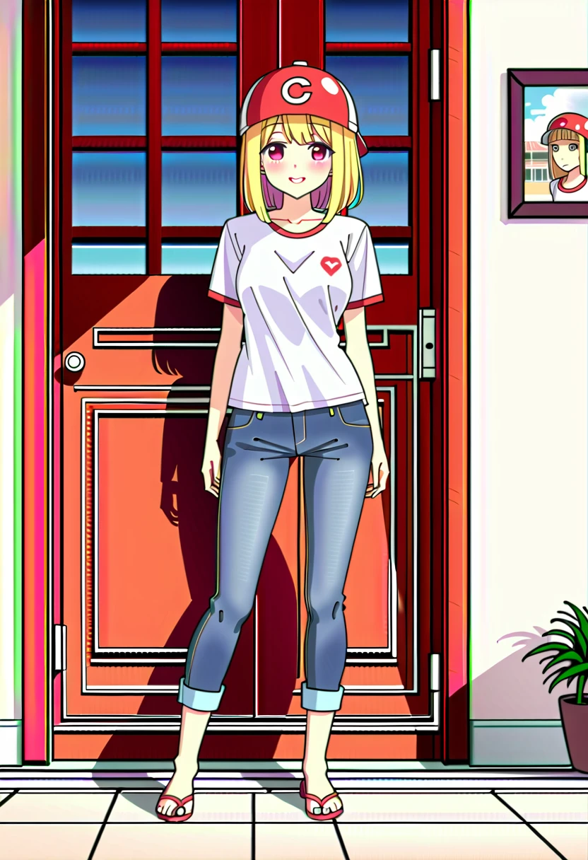 One Girl、、Blonde(Straight Hair)、redいモーターサイクルに乗る、Helmet(red)、White T-shirt、Shorts(jeans)、In town