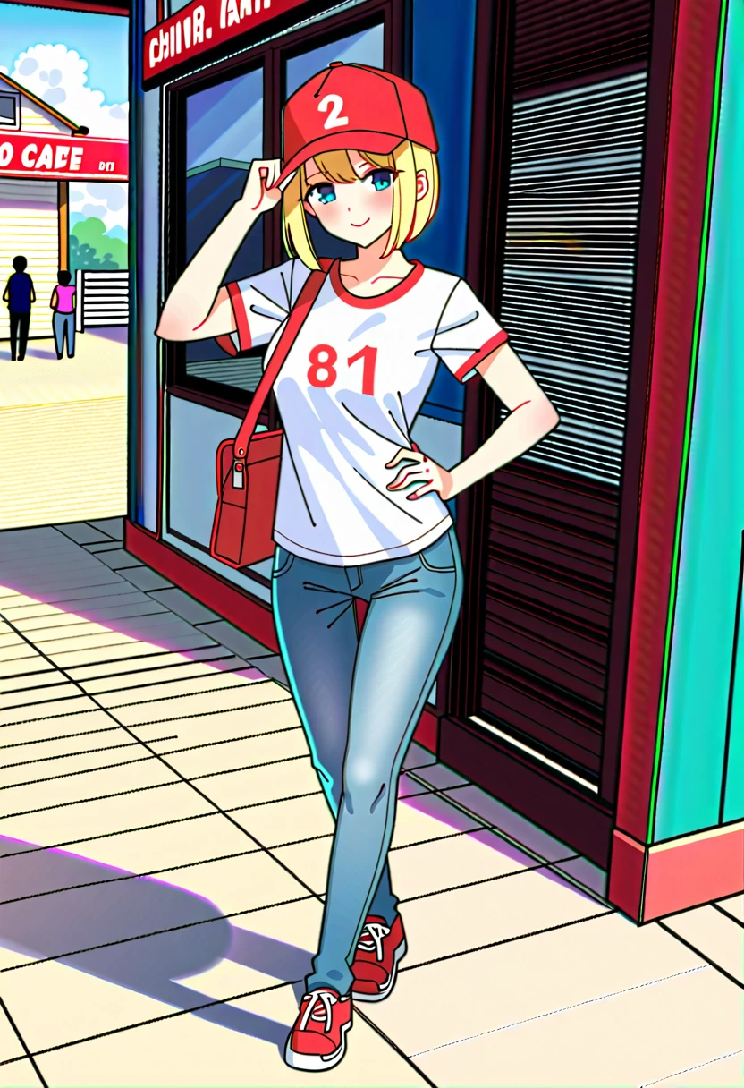 One Girl、15 years old、Blonde(Straight Hair)、redいモーターサイクルに乗る、Helmet(red)、White T-shirt、Shorts(jeans)、In town