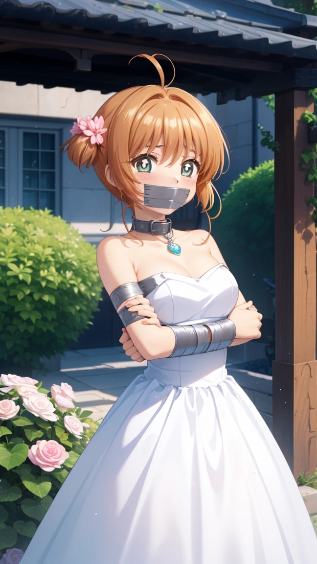 Masterpiece, Best Quality, High resolution, 1 girl, detailed face, blush, cg anime style, (medium breasts), (18 year old girl), good lighting, perfect body, Sakura Kinomoto, (tape gag), (Tape bound), (tied arms), Open eyes, dilated pupils, garden, strapless wedding dress, collar, jewelry, whole body
