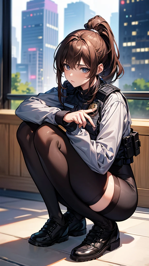 {{masterpiece}}, {{{best quality}}},{{ultra-detailed}}, {{illustration}},{{tall stature}},{{adult women}},((Black tights and shorts)),Small breasts,Slender,{{Squatting on the ground}},((Leggings with integrated shorts)), Female police officer Brown hair ponytail Place your hands on your knees 1 female,alone, City of night long sleeve police uniform