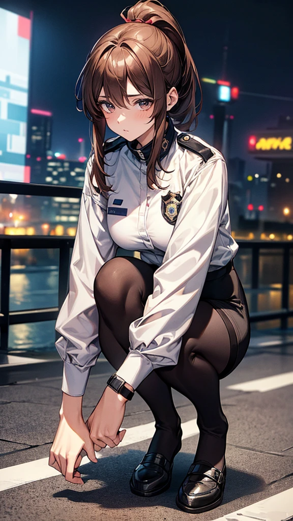 {{masterpiece}}, {{{best quality}}},{{ultra-detailed}}, {{illustration}},{{tall stature}},{{adult women}},((Black tights and shorts)),Small breasts,Slender,{{Squatting on the ground}},((Leggings with integrated shorts)), Female police officer　Brown hair ponytail　Place your hands on your knees　1 female,alone,　City of night　long sleeve police uniform