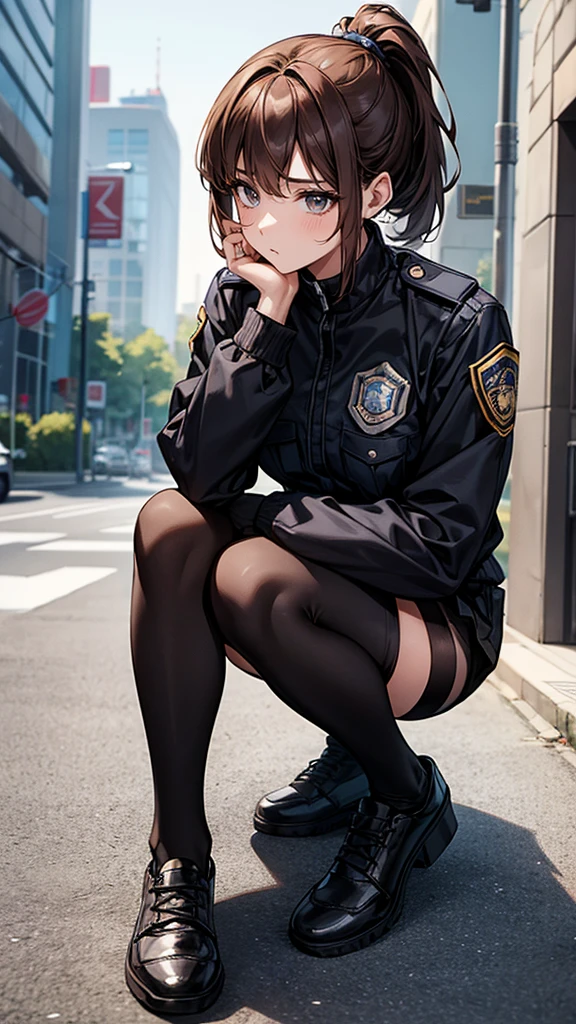 {{masterpiece}}, {{{best quality}}},{{ultra-detailed}}, {{illustration}},{{tall stature}},{{adult women}},((Black tights and shorts)),Small breasts,Slender,{{Squatting on the ground}},((Leggings with integrated shorts)), Female police officer　Brown hair ponytail　Place your hands on your knees　1 female,alone,　City of night　long sleeve police uniform