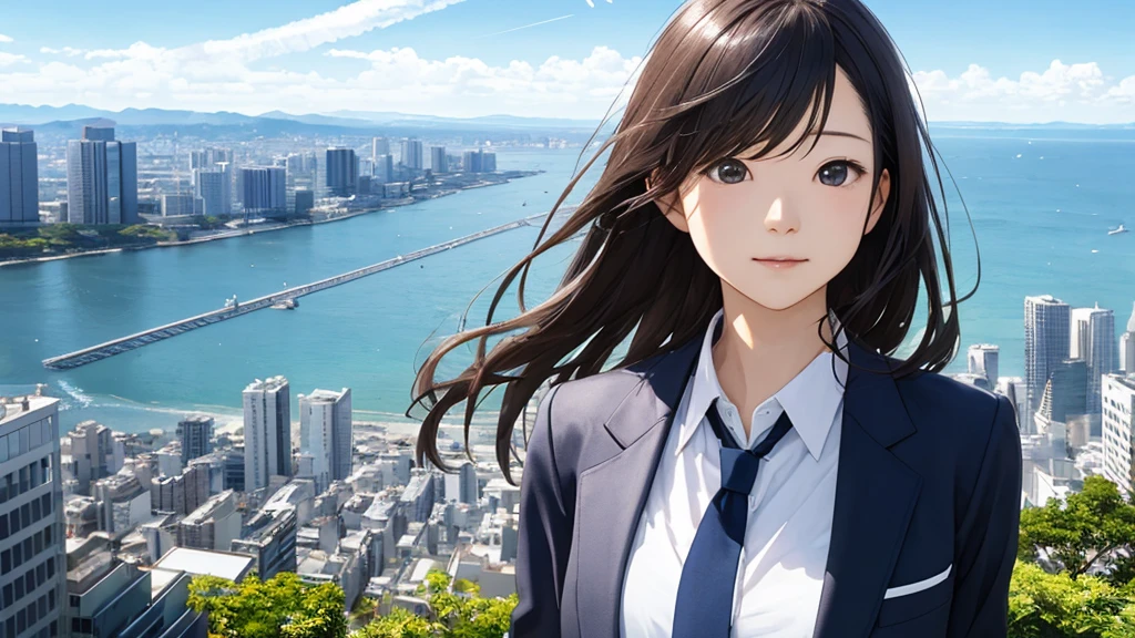 Shiraishi Mei, Looks just like Mei Shiraishi,Oceanの方を向いている後ろ姿、Woman looking up at the sky ,Long Hair, Dark brown hair, Suit jacket、Blouse Photos, Realistic, Highest quality, Detailed face, The background is the cityscape of Japan、Strong sunlight, Contrail、Ocean, Embankment, Detailed Background, Diffused sunlight, Written boundary depth, Bokeh (Highest quality: 1.2), (masterpiece: 1.2), Watch Viewer, one piece, White Theme, ,vision、(((Panorama:1.2)))