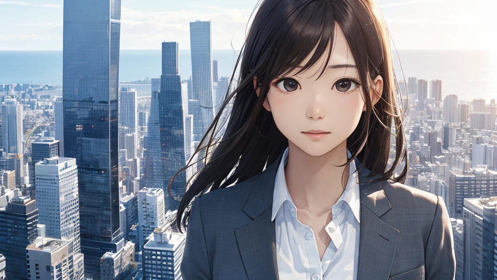 Shiraishi Mei, Looks just like Mei Shiraishi,Oceanの方を向いている後ろ姿、Woman looking up at the sky ,Long Hair, Dark brown hair, Suit jacket、Blouse Photos, Realistic, Highest quality, Detailed face, The background is the cityscape of Japan、Strong sunlight, Contrail、Ocean, Embankment, Detailed Background, Diffused sunlight, Written boundary depth, Bokeh (Highest quality: 1.2), (masterpiece: 1.2), Watch Viewer, one piece, White Theme, ,vision、(((Panorama:1.2)))