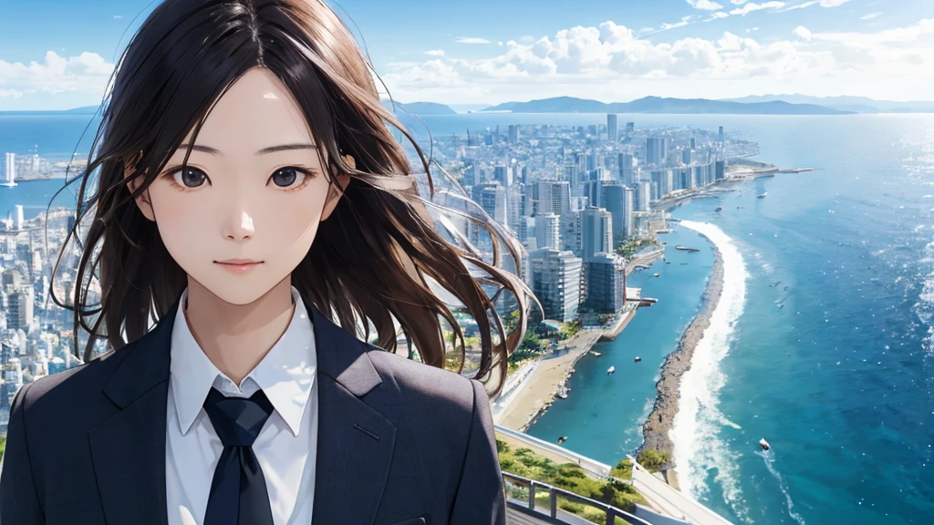Shiraishi Mei, Looks just like Mei Shiraishi,Oceanの方を向いている後ろ姿、Woman looking up at the sky ,Long Hair, Dark brown hair, Suit jacket、Blouse Photos, Realistic, Highest quality, Detailed face, The background is the cityscape of Japan、Strong sunlight, Contrail、Ocean, Embankment, Detailed Background, Diffused sunlight, Written boundary depth, Bokeh (Highest quality: 1.2), (masterpiece: 1.2), Watch Viewer, one piece, White Theme, ,vision、(((Panorama:1.2)))