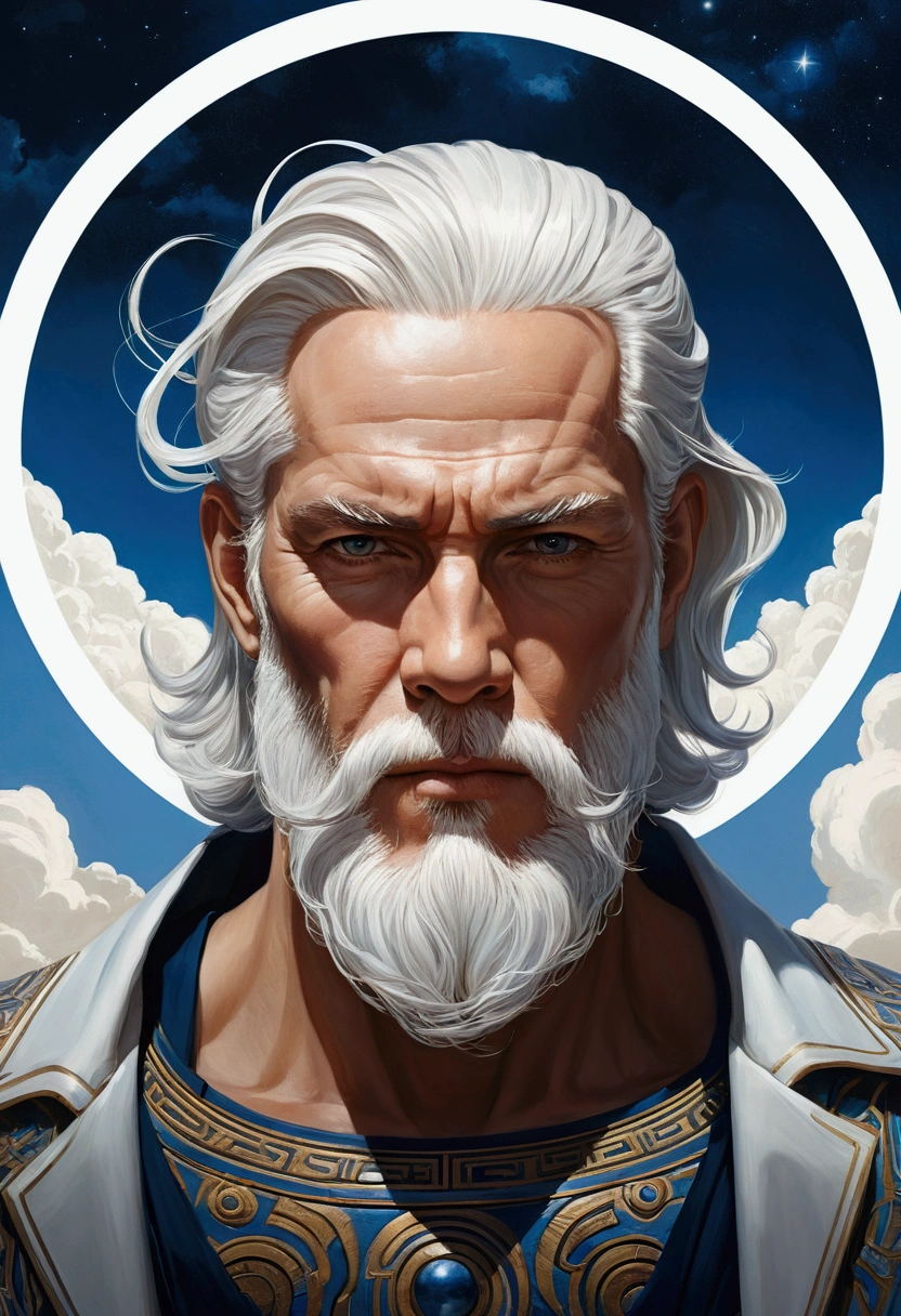 The essence of brushwork art expression, The raw brushwork々New energy and emotion, Raymond Swanlund's art style and Martin Ansin's art style, (Greek God、White hair and white beard:1) Sky and sky thunder, Symmetrical circular iris
