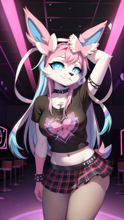 best quality,best resolution,(fluffy anthro furry :1.3),Sylveon,cyan eyes,glowing eyes,neon eyes,glistering eyes,medium breasts,(party club),eye close,looking at viewer,front view,Sylveon,teenager (18 years old),(neon lights, rave),long hair,(punk),plaid skirt,fishnets,black t-shirt,choker,multicolored hair,(bent over)