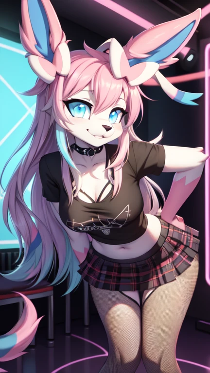 best quality,best resolution,(fluffy anthro furry :1.3),Sylveon,cyan eyes,glowing eyes,neon eyes,glistering eyes,medium breasts,(party club),eye close,looking at viewer,front view,Sylveon,teenager (18 years old),(neon lights, rave),long hair,(punk),plaid skirt,fishnets,black t-shirt,choker,multicolored hair,(bent over)