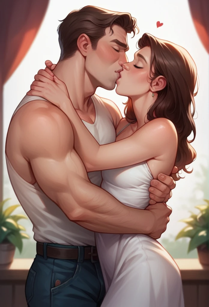 makes a photorealistic of a father of Tarzan's character hugging  and kissing a woman, the affection of a father who has long been separated from his girlfriend, the hug of affection that has been hidden for a long time between man and woman.