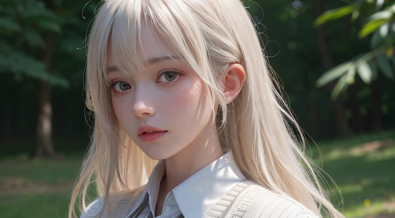 (Long Hair, bangs, Platinum Blonde Hair:1.2),(Wear a cardigan over a collared shirt:1.2),1 girl,Japanese,21 years old,(Small breasts:1.3),(Highest quality,masterpiece:1.3,超A high resolution,),(Ultra-detailed,Caustics),(Photorealistic:1.4,RAW shooting,)Ultra-Realistic Capture,Very detailed,High resolution 16K human skin close-up。 Natural skin texture、,Pores、、It needs to be detailed enough to be easily identifiable。 Skin should be even-toned and healthy looking。 Use natural light and colour, Sad expression, Looking at the camera, Perfect dynamic composition, Outdoor