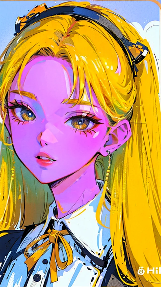 (Portraiture:1.4), (masterpiece:1.2, Highest quality:1.2), From above, Upper Body, One girl, look up, Face Focus, Highly detailed face, Very fine grain, good looking, compensate, Long wavy yellow hair, ribbon hairpiece, round eyes, smiles, Fashion Wear, Earrings,