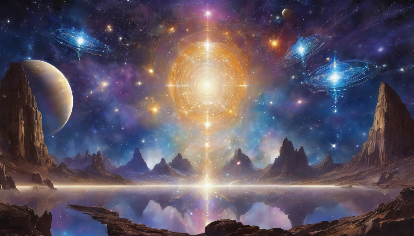 Conceptual art, masterpiece, anatomically correct, super detail, best quality, In the vast expanse of the cosmos, the mystical glow of the Pleiades Cluster, situated between Sirius and the Zeta Reticuli star systems, radiates the profound knowledge and energy of the Central Race. Together with Ashtar, the Arcturians, members of the Galactic Federation, converge based on the decisions of the Arcturian Council for a meeting with the Andromedan Council. Their mission is to support the Ascension Shift of Lightworkers and Starseeds, especially Indigo Children and Crystal Children. Channeling the energy of the Essassani, waves of love and harmony spread throughout the universe