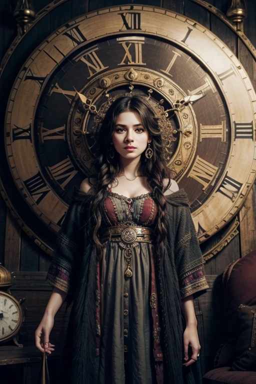 create a gypsy guardian of time with clothes full of clocks in front of a large clock in a very dark environment