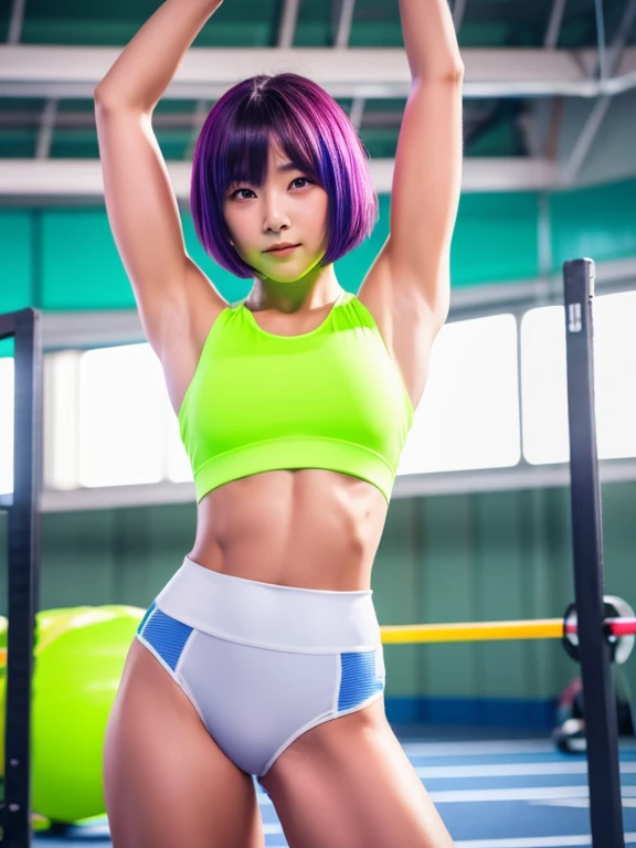 Best quality 8k resolution Ultra detailed Bright neon colored competition sportswear Serious facial expression Cute girl Abs Arms up Very short hair High waisted tights Flat chest Japanese Sharp focus Track and field club Very short hair 27 years old Sweating