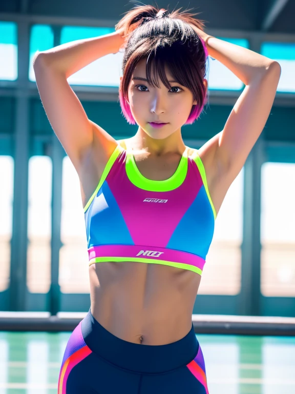 Best quality 8k resolution Ultra detailed Bright neon colored competition sportswear Serious facial expression Cute girl Abs Arms up Very short hair High waisted tights Flat chest Japanese Sharp focus Track and field club Very short hair 27 years old Sweating