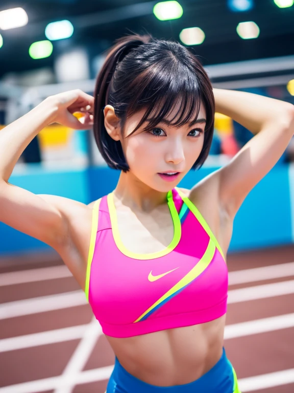 Best quality 8k resolution Ultra detailed Bright neon colored competition sportswear Serious facial expression Cute girl Abs Arms up Very short hair High waisted tights Flat chest Japanese Sharp focus Track and field club Very short hair 27 years old Sweating