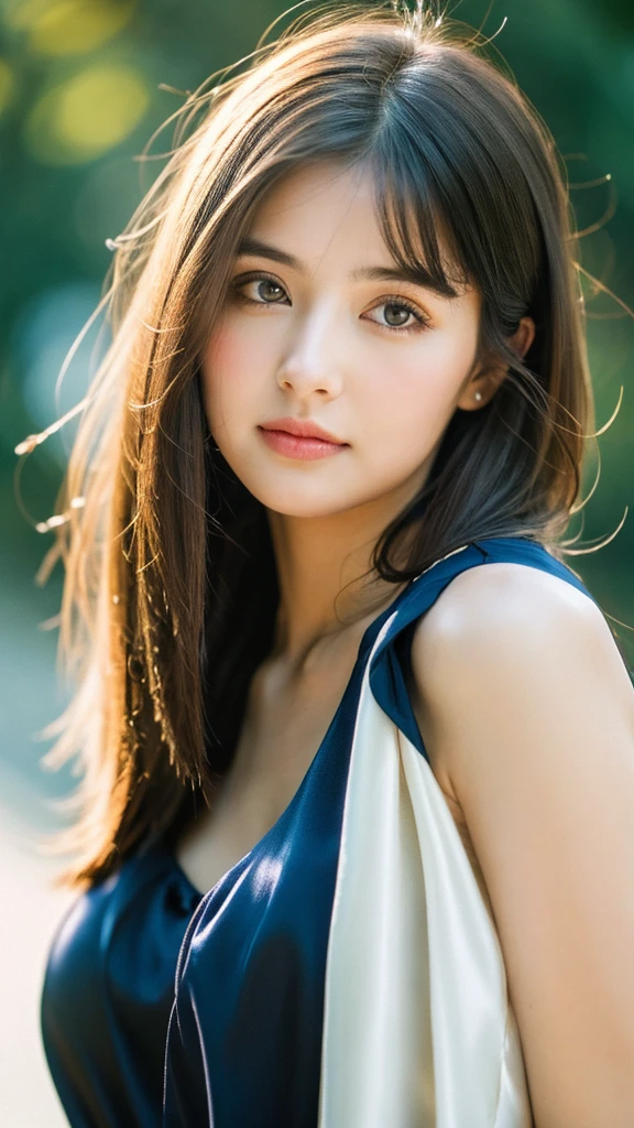 (Random Nationality):1.5, masterpiece, Highest quality, 8k, 20th Generation, (Large Breasts:1.2), cute, alone, sad, close, cute, Girlish, Delicate girl, Pure beauty,  RAW Photos, Professional photography, Portraiture, Soft Light, Professional Lighting, Backlight, Upper Body, avert your eyes, Sophisticated, Film Grain, (Eyes and facial details:1.0), Beautiful straight hair, Hair swaying in the wind, Silk blouse, Random hairstyle