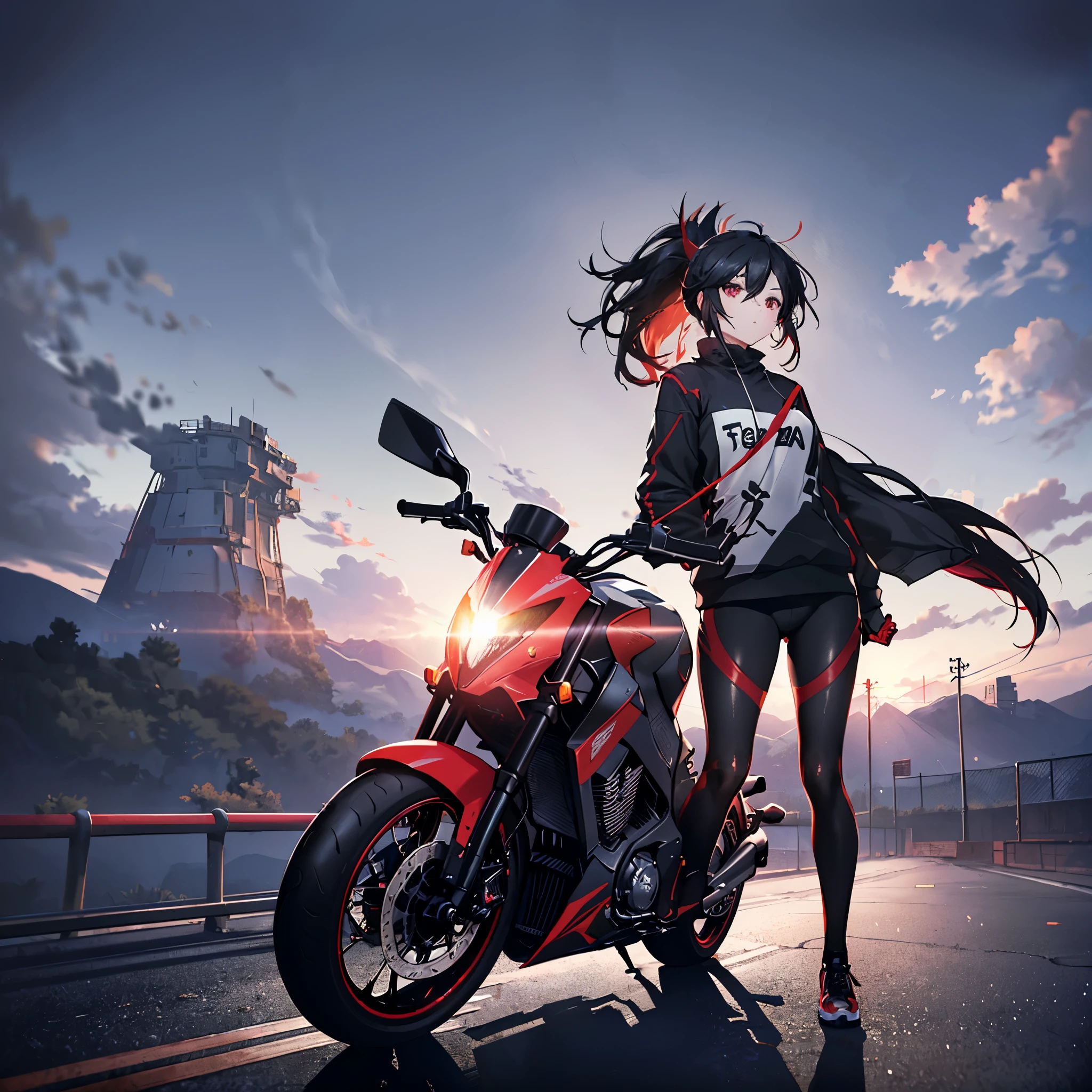 ((((Female rider、forward leaning posture　Full Body Tights、Black　Red Motorcycle、get on))))　(((Black Hair、ponytail、Blowing in the Wind　Bright red eyes)))　((Expressway、night))　Shining Edge　Shining Background