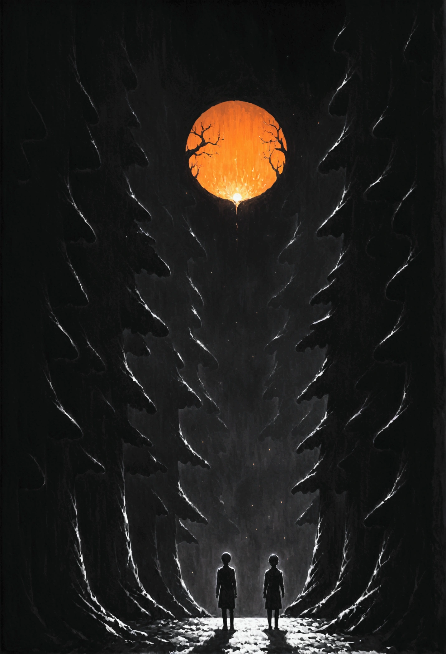 Dark room at night,Only the TV is shining,Rendering 2D painting style, distorted trees, small orange light in the background, withouth People, Void,