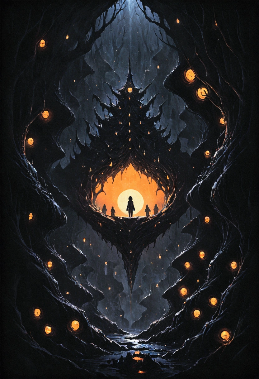 Dark room at night,Only the TV is shining,Rendering 2D painting style, distorted trees, small orange light in the background, withouth People, Void,