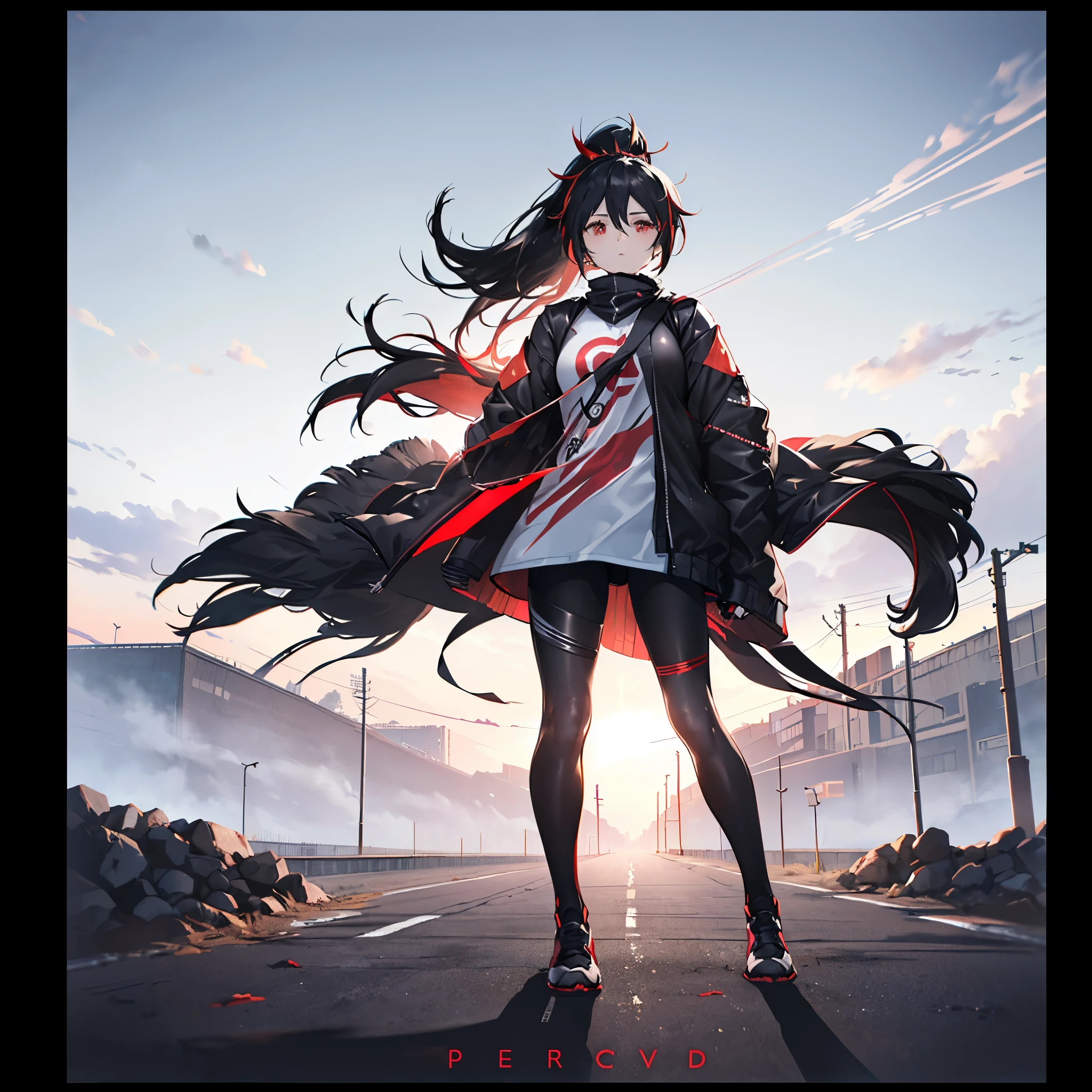 ((((Female rider、forward leaning posture　Full Body Tights、Black　Red Motorcycle、get on))))　(((Black Hair、ponytail、Blowing in the Wind　Bright red eyes)))　((Expressway、night))　Shining Edge　Shining Background