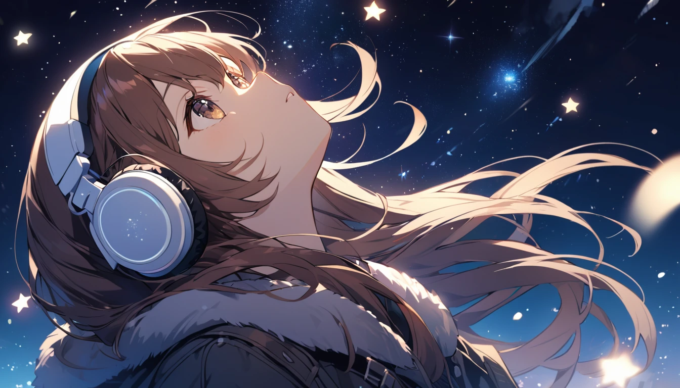 Girl wearing headphones,Brown Hair,1 person,bright,Detailed Background,Winter Starry Sky - Look at the stars shining in the winter night sky,Looking up at the sky