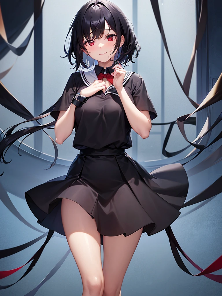 ( Absurd , high quality , Super detailed, Watch your hands,Pay attention to the shape of your hands,Pay attention to your legs,Pay attention to the shape of your legs,The number of fingers on the hand is 5 )Short black hair,One girl,The right eye is hidden by bangs,Red eyes,Dress code: uniform,Primary school students,In a school classroom,The expression is a smile,No breasts