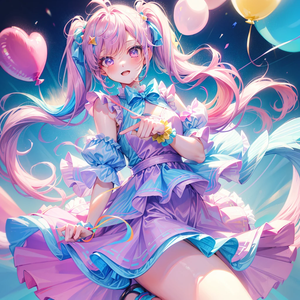 (whole body, legs and shoes visible: 1.2)) Expressive eyes, One girl, Pale skin, Long Hair, Windblown Hair, ((absurdly Long Hair)), Long Side Lock, Princess bangs, Hair bangs, Hair Bun, ((Very long twin tails)), Rainbow Hair, Light pink hair, blush, full face blush, big sparkling Pastel Purple eyes, (Gradient Eye), Laughing with your mouth open, cute pose, ((Holding a balloon : 1.3)) ((cute and pastel fashion)) ((🦄🎠🎈🎉 theme : 1.4)) A loose pastel dress, ((Dreamy multi-colored open dress)), (Floating ribbon), Lavender Frill, Pink frills, (Light blue lace), Removable short sleeves, Fluffy skirt, ((Rainbow and star printed skirt : 1.3)), Lolita Skirt, Purple ribbon, ((pom pom ribbon hair ornament : 1.4)), Multiple Bows, Striped lace stockings, (heart型のレッグガーター), cute (Pastel Purple) shoes ((Ultra-detailed clothing and fashion)) I&#39;m watching you, Vintage Girl, blush, (Beautiful attention to detail), (Highly detailed CG Unity 8k wallpaper) (Best Shadow), ((Very delicate and beautiful)), (Detailed light), ((Depth of written boundary)) Big Head, Big, bright eyes, Moe, Splash Art, Cinema Lighting, Front view, volumetric lighting maximalist photo illustration k resolution high resolution intricate detailed complex key visuals precise linear ((Dreamy pastel sky background, Surrounded by sunset clouds, shooting star, Castle above the clouds)) ((Ultra-detailed landscapes, Foggy clouds, Hung by balloons, heart : 1.3))
